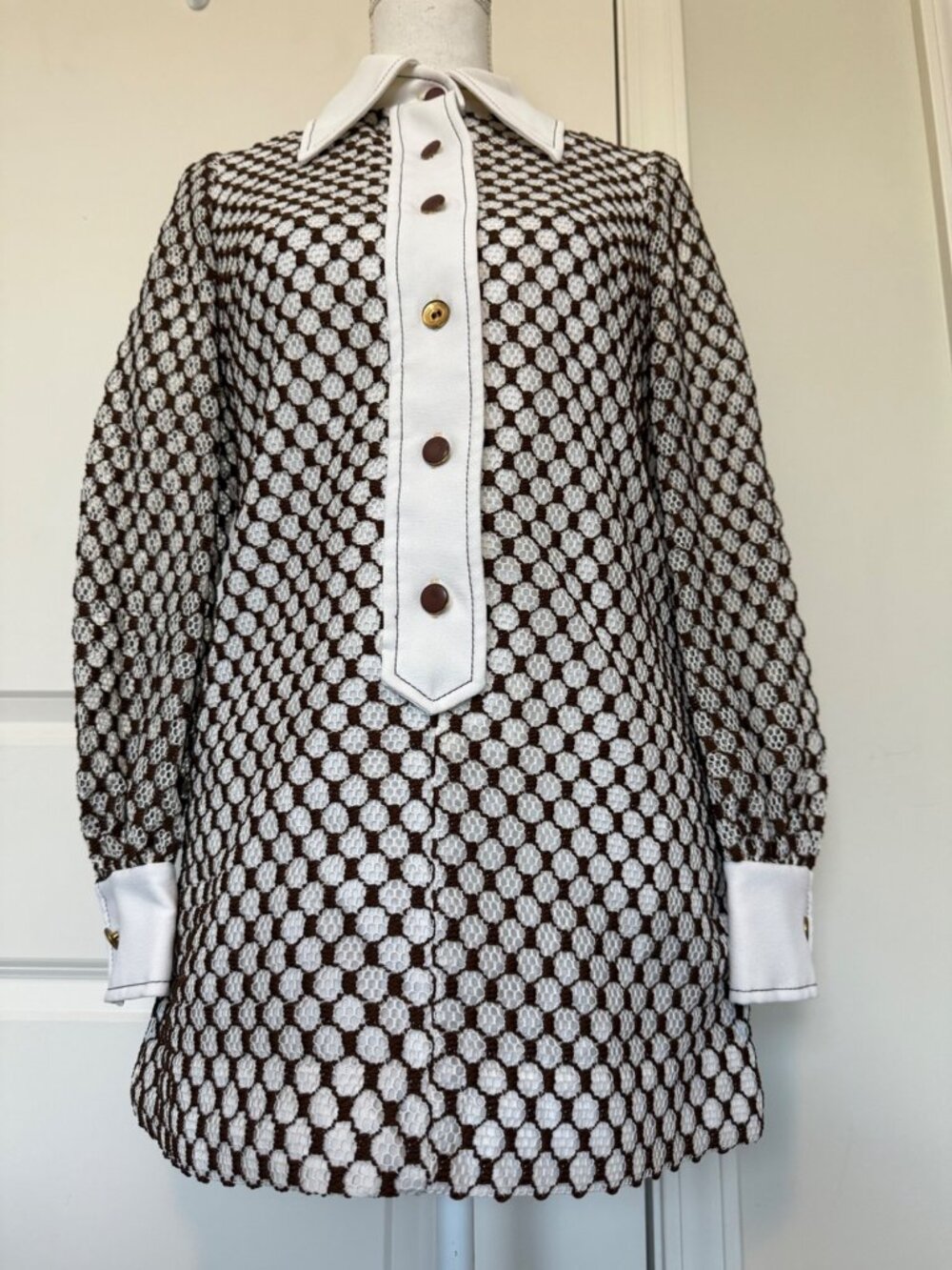 Vtg Howard Wolf Honeycomb Sheer Lace Long Sleeve Mini Dress Size 10 Brown White